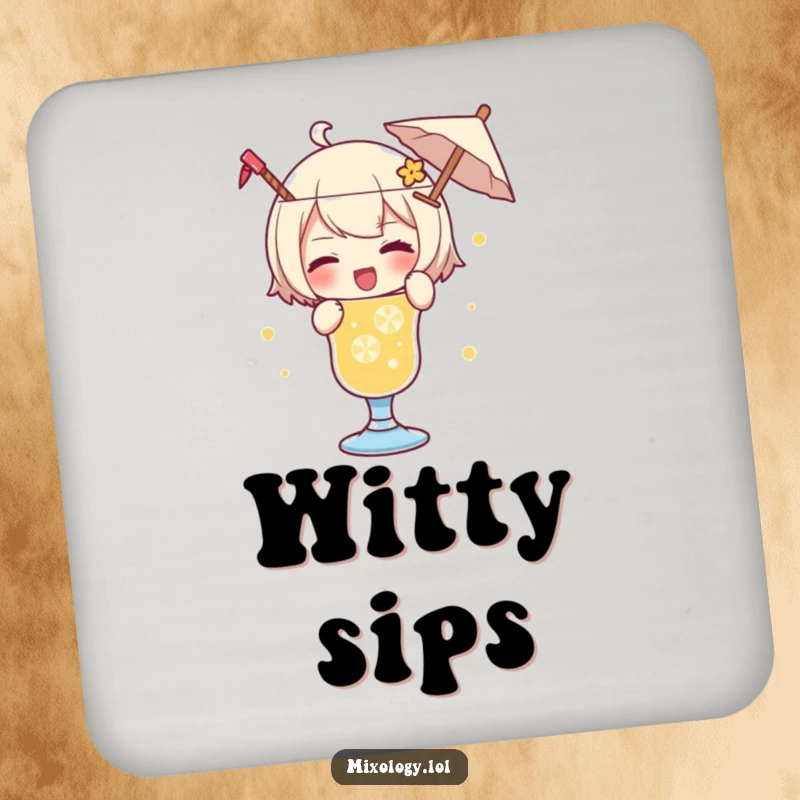 Funny coasters featuring a character playfully garnishing a drink with a tiny umbrella and a wink, guarding surfaces.