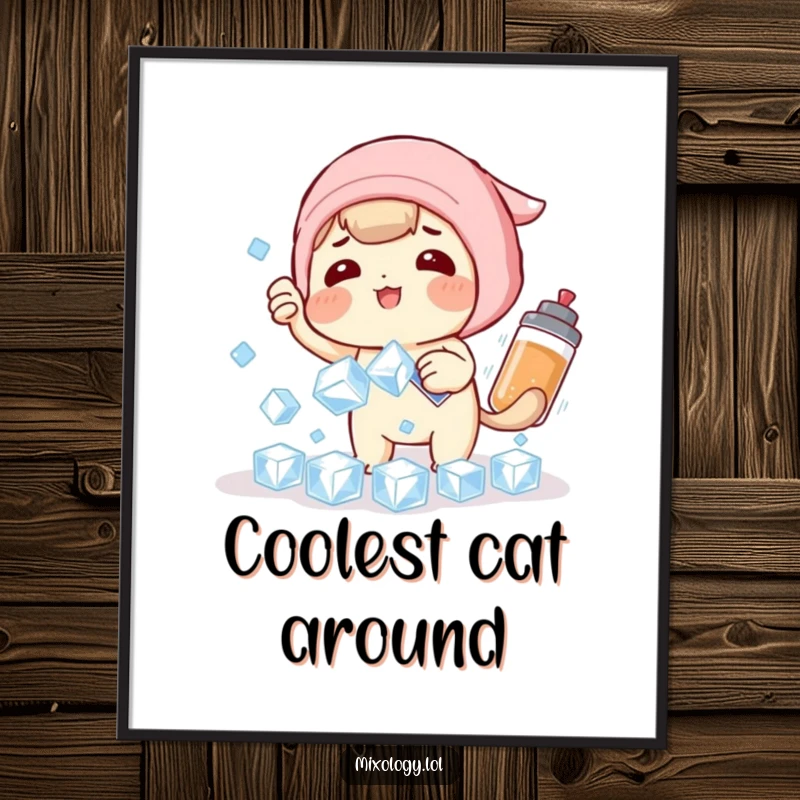 Funny Poster: A character humorously attempts to catch falling ice cubes with a shaker, adding comedic art to a space.