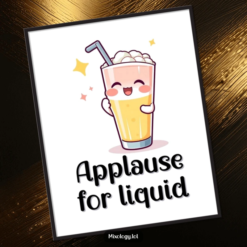 Funny poster of a character getting applause for a perfect drink pour, ideal humorous decor for bars, kitchens, or man caves.