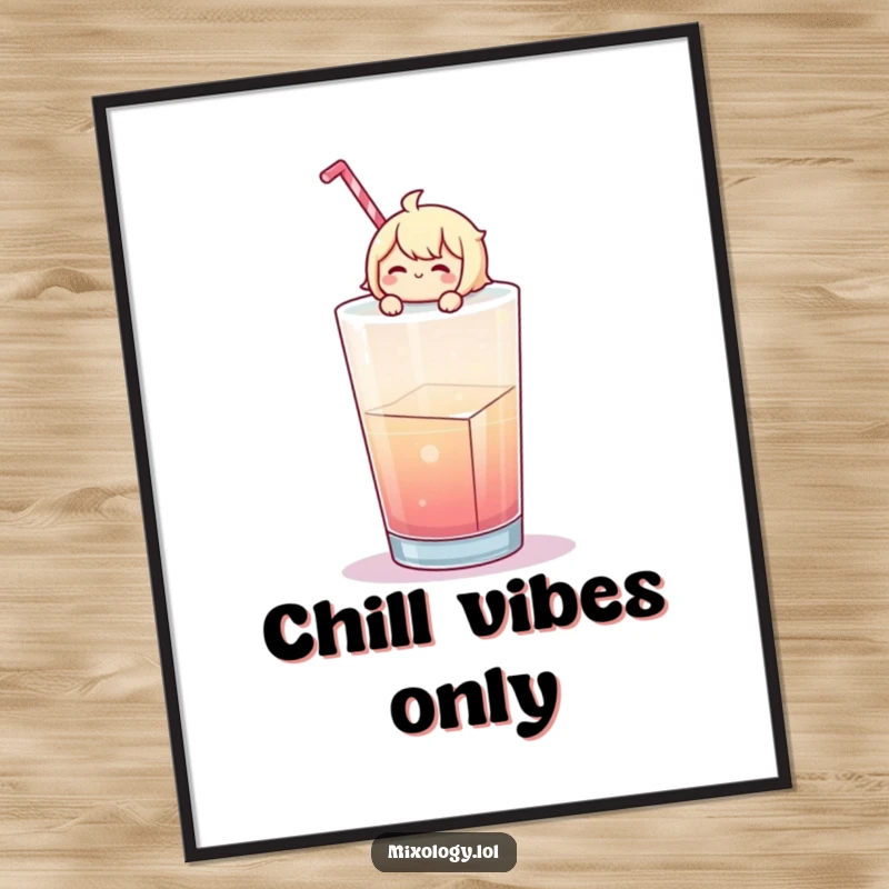 Funny Poster: Cheerful character rests on a giant ice cube in a drink, bringing serene humor to wall decor.