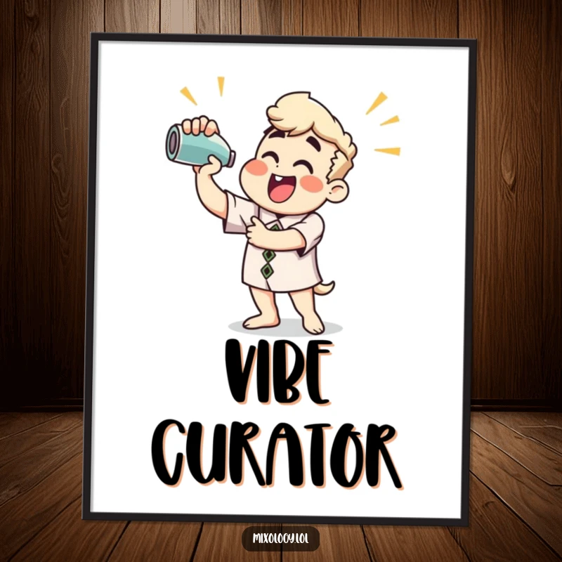 Funny Poster: Dynamic illustration of a person enthusiastically shaking a cocktail mixer, adding a playful vibe.
