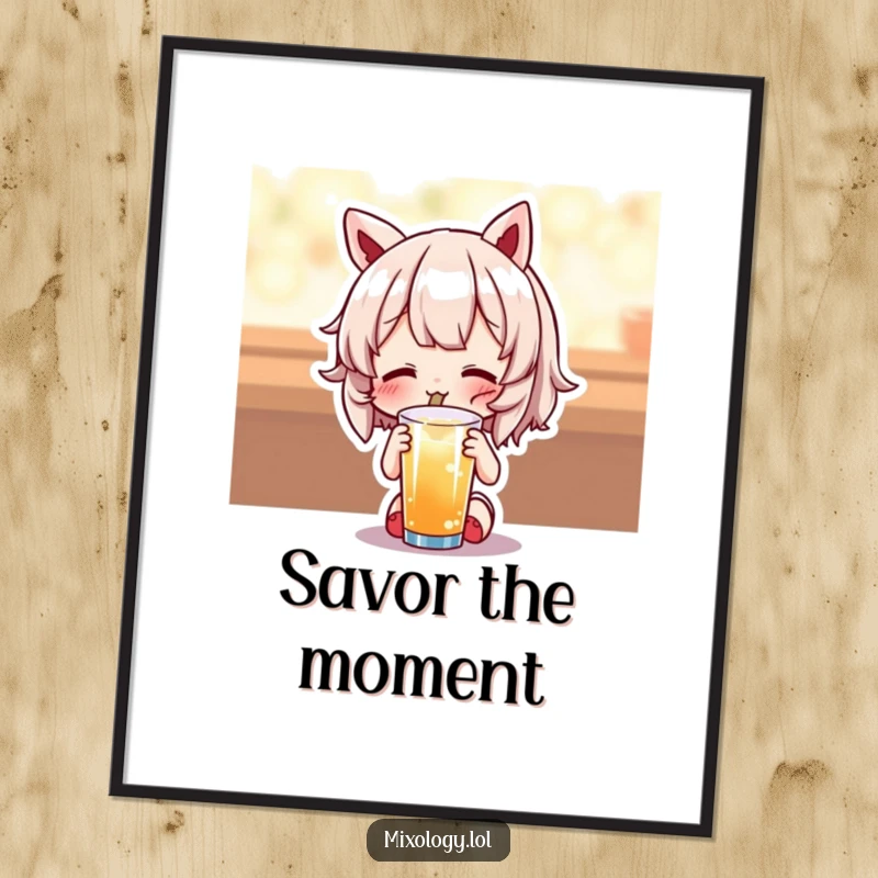 Funny poster print of a cute character with an expression of pure delight while tasting a drink, adding charm.