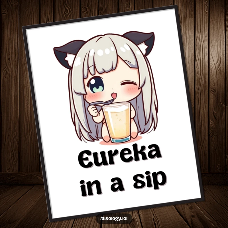 Funny poster capturing a character's wide-eyed delight tasting a drink with a tiny spoon, joyful wall art.