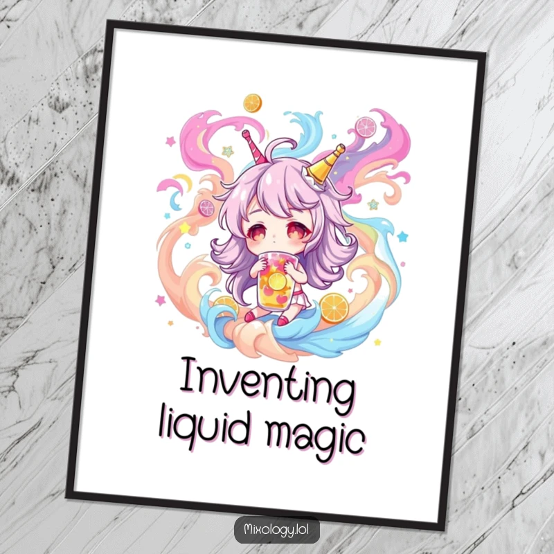 Funny Poster: Character dreaming of fantastical drinks amidst swirling colors, perfect for vibrant wall art, a perfect funny gift.