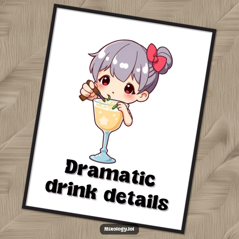 Funny Poster illustrating a character meticulously garnishing a drink with a tiny flourish, conveying artistic humor and precision.