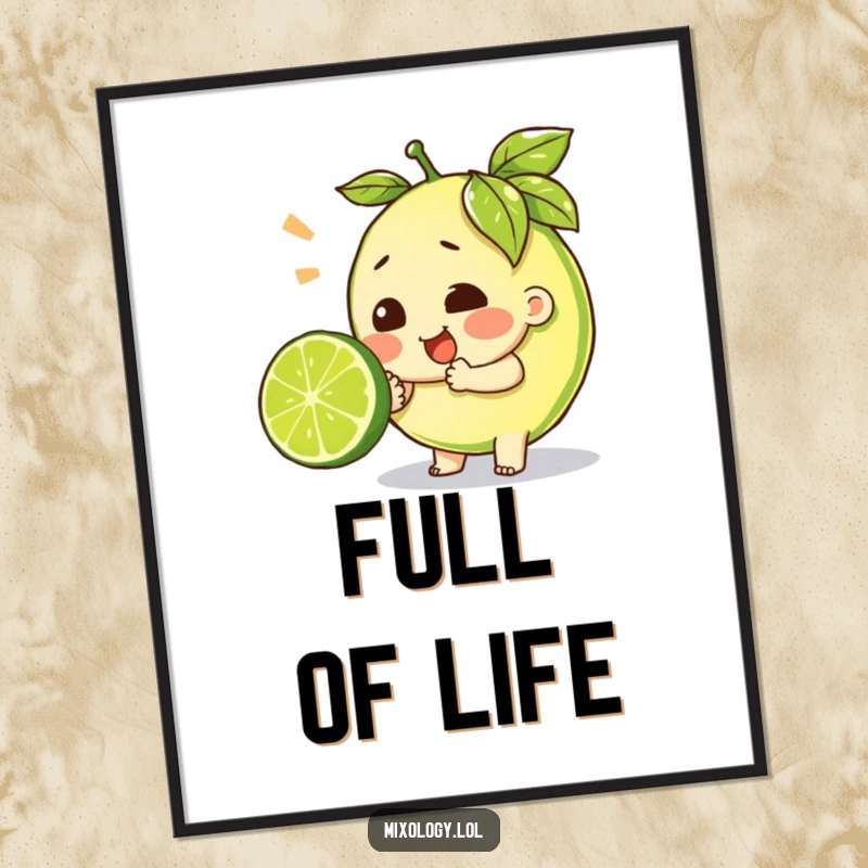 Funny poster print of a character exerting great effort to squeeze a lime, adding humorous kitchen or bar decor.