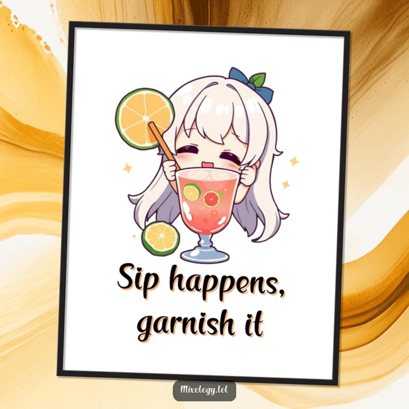 Funny character poster, joyfully garnishing a drink with a fruit slice, adding festive and humorous wall art.