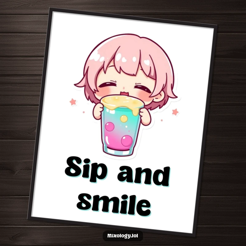 Funny poster print of a small character blissfully sipping a colorful drink with eyes closed, radiating happiness and peaceful enjoyment.