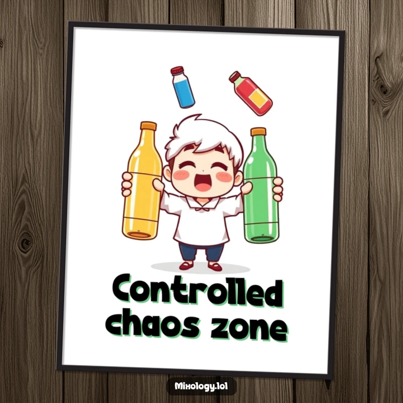 Funny poster of a character looking surprised while juggling three colorful bottles, a humorous art piece.