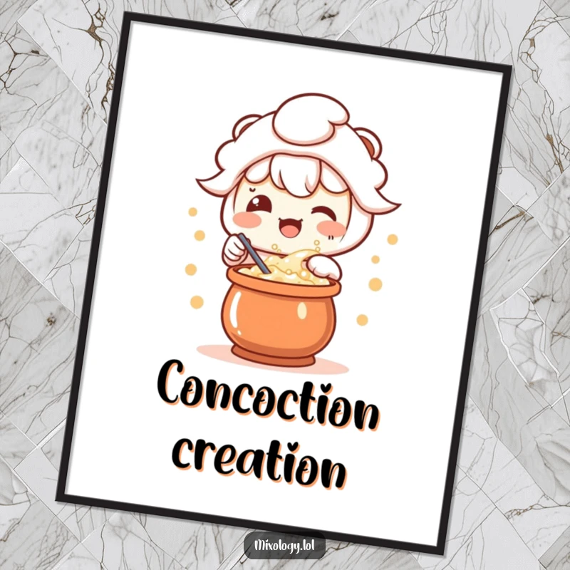 Funny poster of a happy kawaii character stirring a bubbling potion, designed to bring joy and a touch of magic.