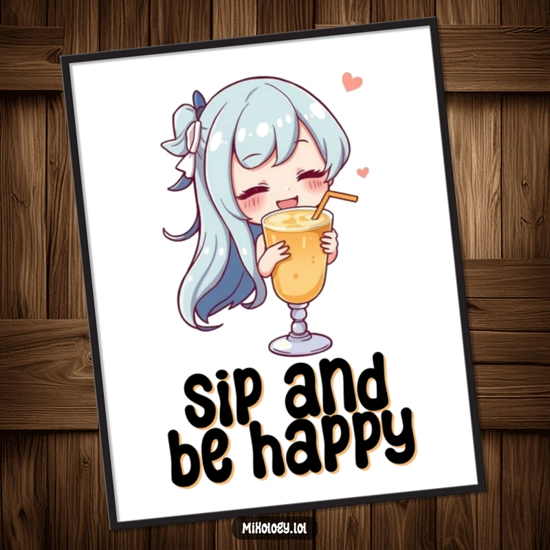 Funny character gracefully swirling a drink with a satisfied sigh, depicted as a stylish wall art poster.