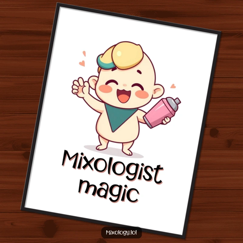 Funny poster of a cute character shaking a cocktail shaker with a joyful expression, ideal humorous party decor.