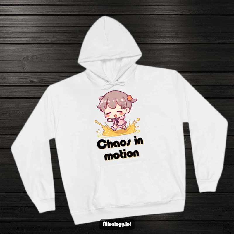 Funny Hoodie: Character tripping gracefully, garnish scattered, capturing a moment of delightful clumsiness, a super funny gift.