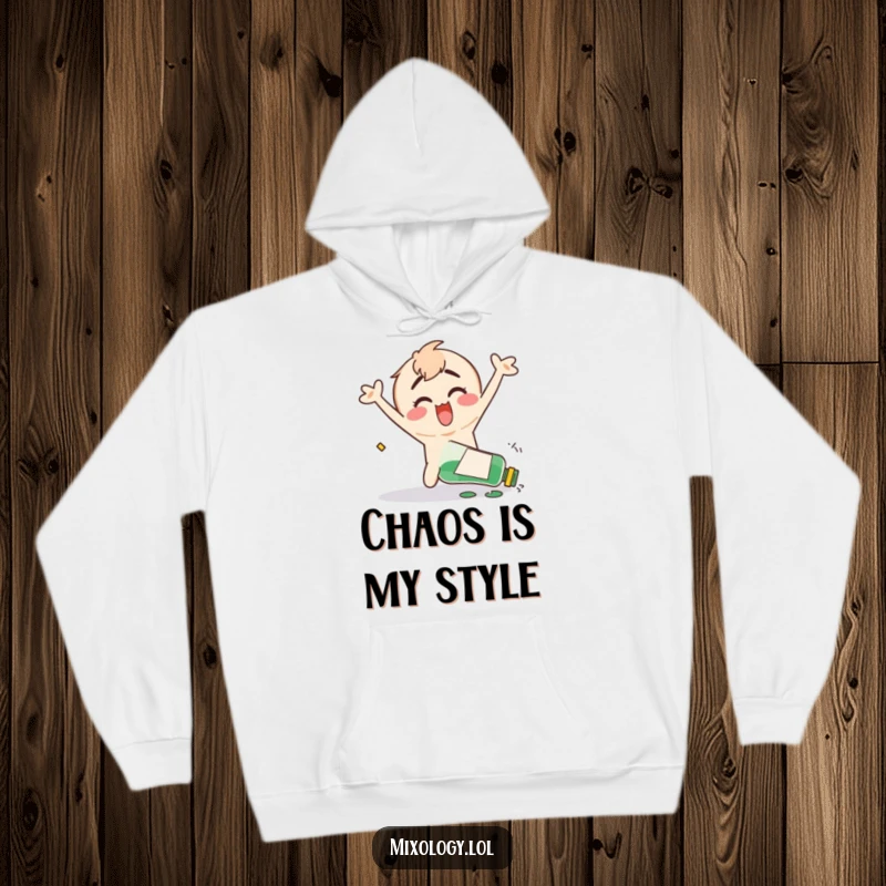 Funny hoodie depicting a clumsy character joyfully flailing their arms after accidentally tipping over a bottle, exuding cheerful disarray.