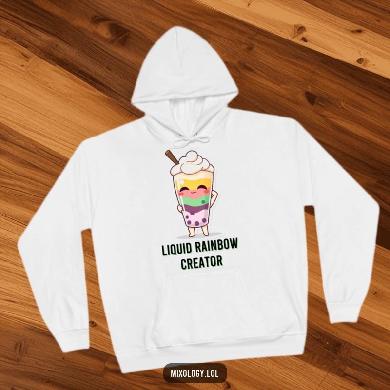Funny hoodie with a character proudly presenting a colorful, layered beverage, embodying celebration and sophisticated taste.