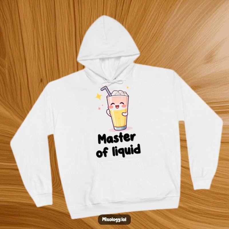 Funny hoodie depicting a joyful character applauded for a flawless drink pour, perfect for cozy nights and witty conversations.