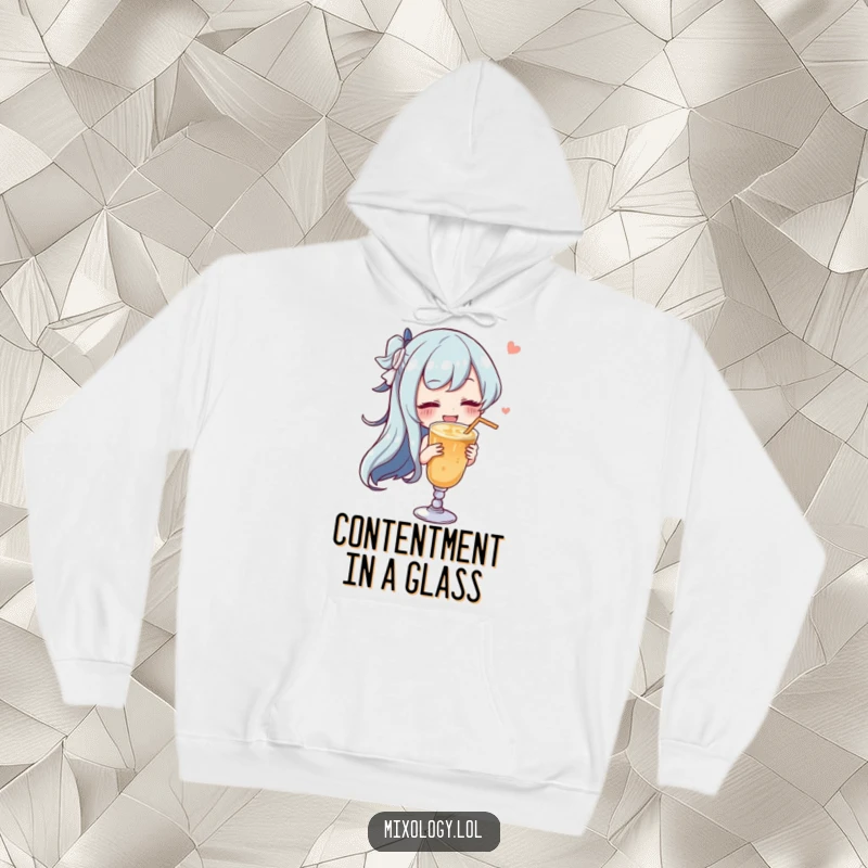 Funny character gracefully swirling a drink with a satisfied sigh on a warm, comfortable hoodie.
