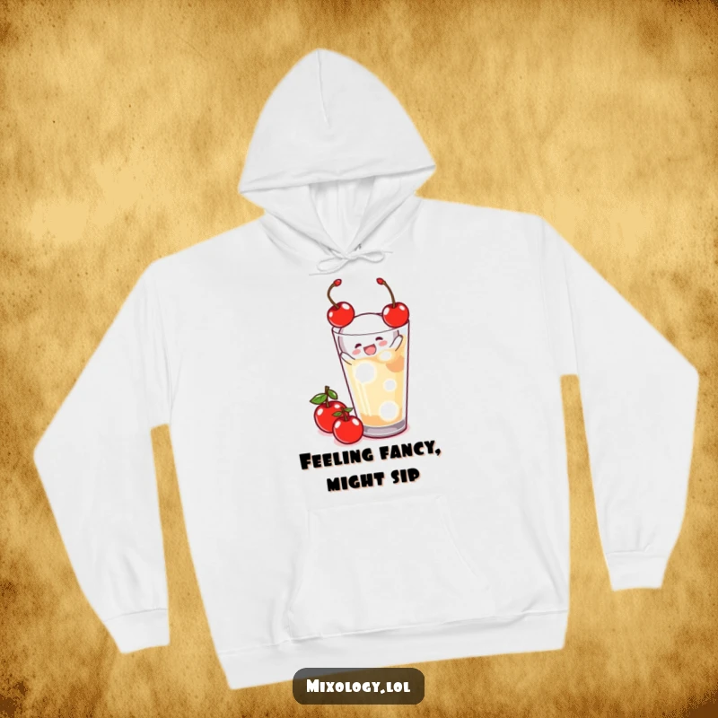 Funny Hoodie showcasing a tiny figure happily garnishing a beverage with a cherry, adding a touch of festive cheer and fun.