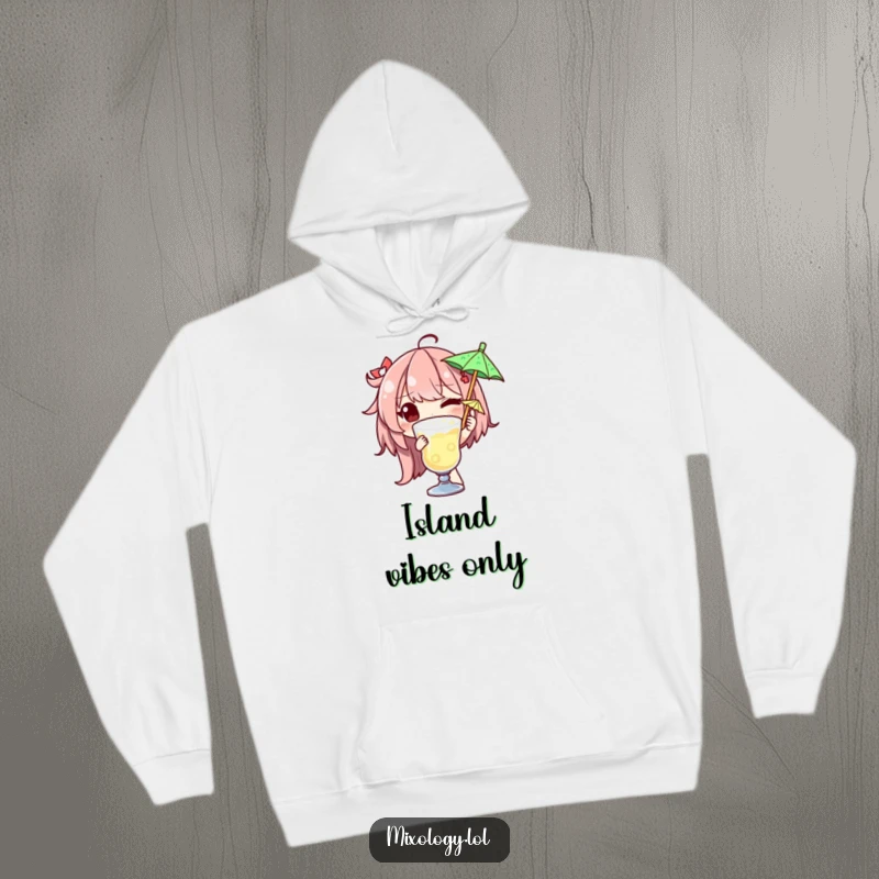 Funny hoodie showing a winking character adding the final tropical touch, a tiny umbrella, to a delicious-looking garnished drink.