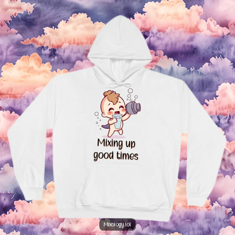 Funny Hoodie: A cute character shaking a cocktail shaker with gusto, creating an explosion of frothy bubbles, a celebration of fun.