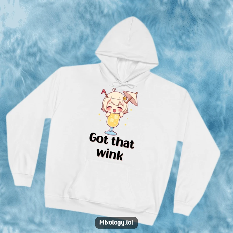 Funny hoodie featuring a character playfully garnishing a drink with a tiny umbrella, accompanied by a friendly wink.