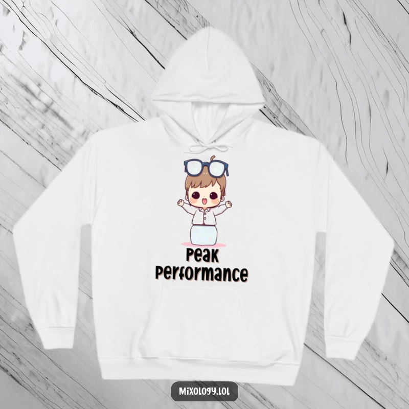 Funny Hoodie depicting a character with wide eyes, expertly balancing a towering stack of glasses, radiating cheerful chaos.