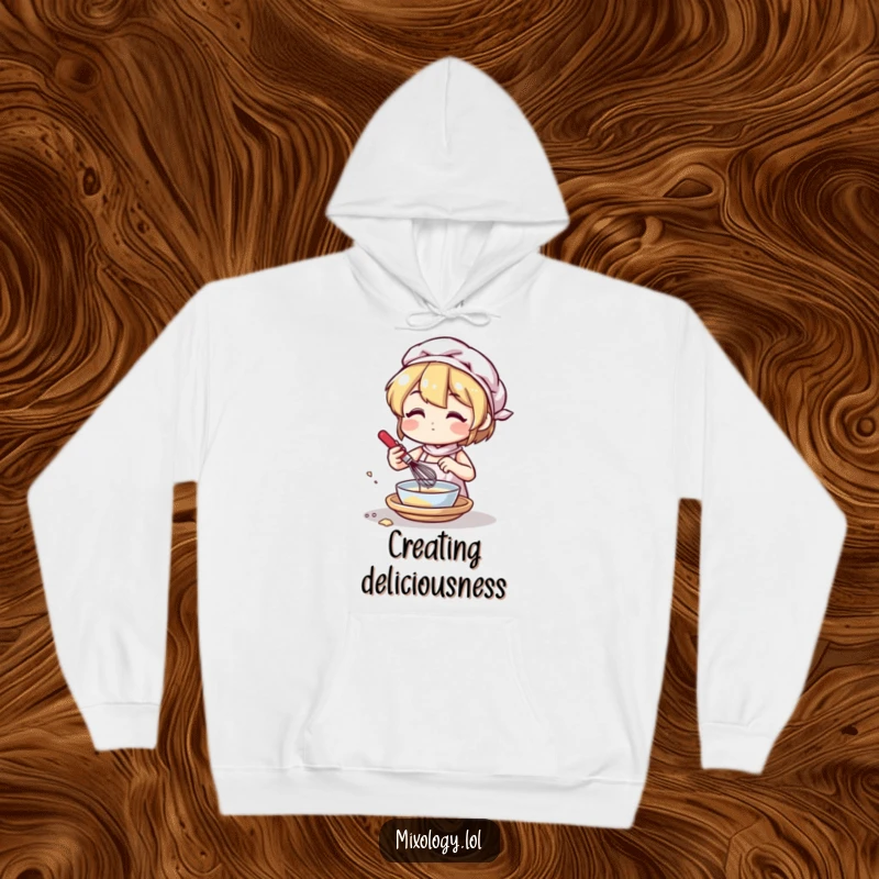 Funny hoodie with a character diligently mixing ingredients using a small whisk, offering cozy, kitchen-themed humor.