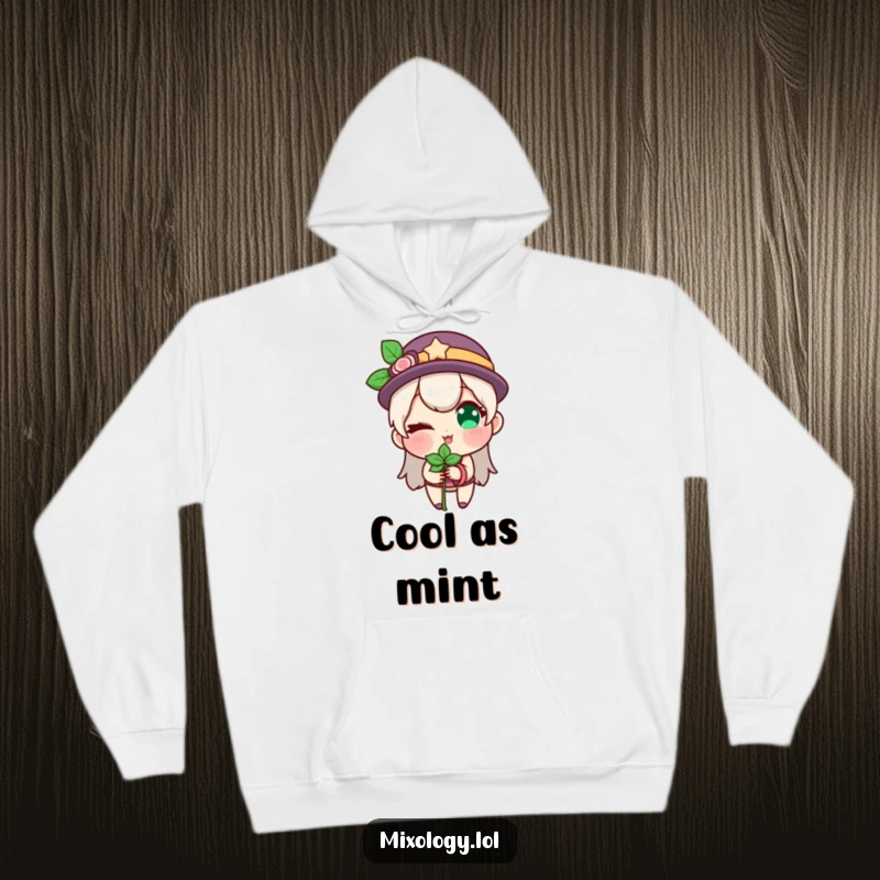 Funny hoodie design featuring a character winking knowingly, holding a sprig of mint, perfect for cozy, playful moments.