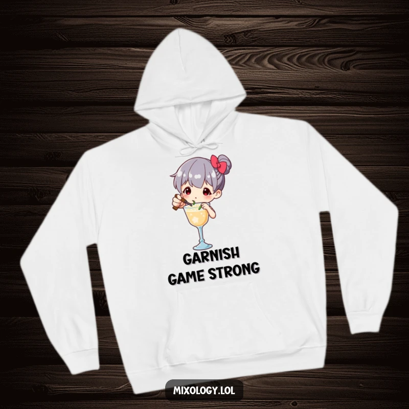 Funny Hoodie depicting a character with intense focus, meticulously garnishing a drink with delicate flourish, highlighting humor.