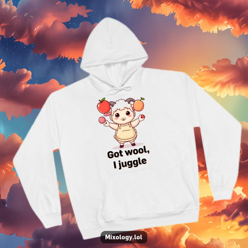Funny hoodie featuring a fluffy sheep in a stylish apron comically juggling three fruits, offering cozy and humorous kitchen style.