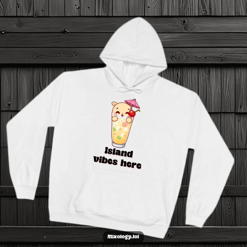 Funny hoodie with a curious character adding a tiny umbrella and cherry to a drink, perfect for cozy days and appreciating elegant details.