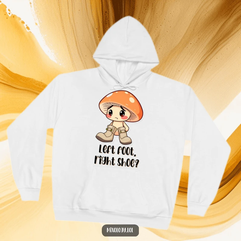 Funny Mushroom Hoodie: A confused mushroom character comically wearing two mismatched boots, perfect for cozy humor.