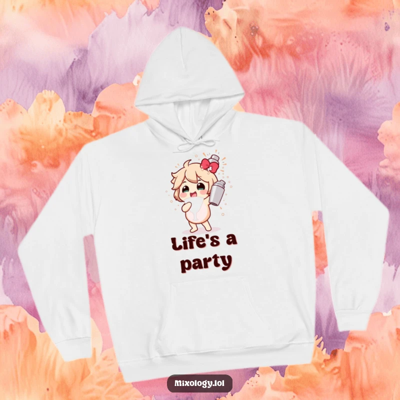 Funny hoodie showing a character energetically shaking a cocktail shaker, creating a delightful bubbly explosion, perfect for party lovers.