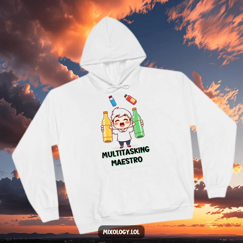 Funny hoodie depicting a character surprised while juggling three colorful bottles, a fantastic funny gift idea.