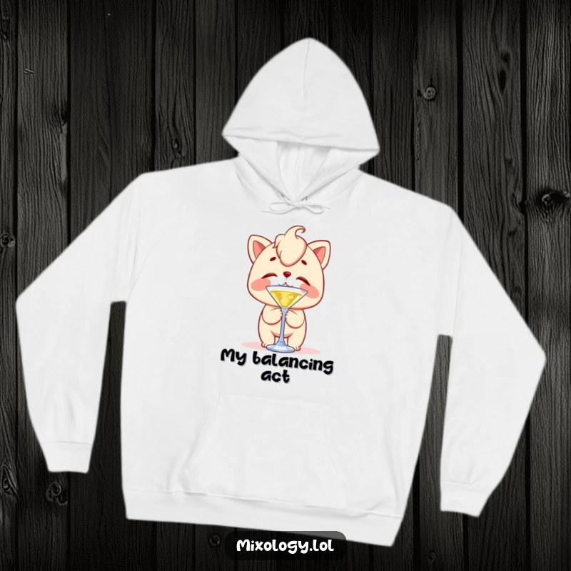 Funny hoodie depicting a character with clumsy delight, balancing a cocktail stirrer on their nose with a joyful, precarious wobble.