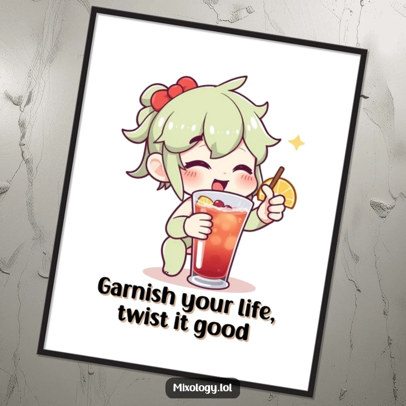 Funny free printable wall art: A character joyfully garnishes a drink with a citrus twist, showcasing meticulous and enthusiastic preparation.