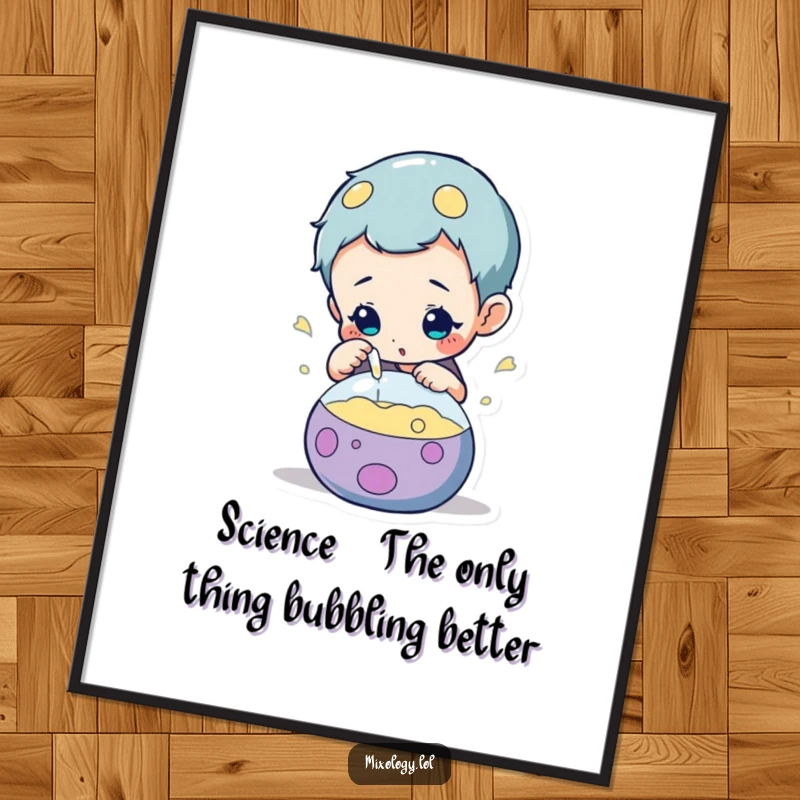 Funny Free Printable Wall Art: A curious character peers intently into a bubbling, colorful laboratory concoction, sparking wonder.