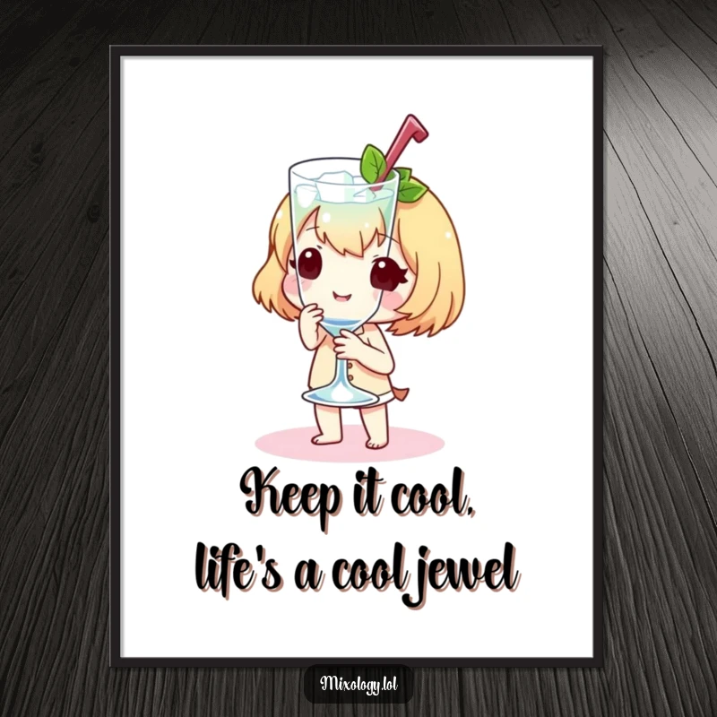 Funny Free Printable Wall Art of a sweet little character presenting a perfectly chilled glass with an elegant, celebratory flourish.