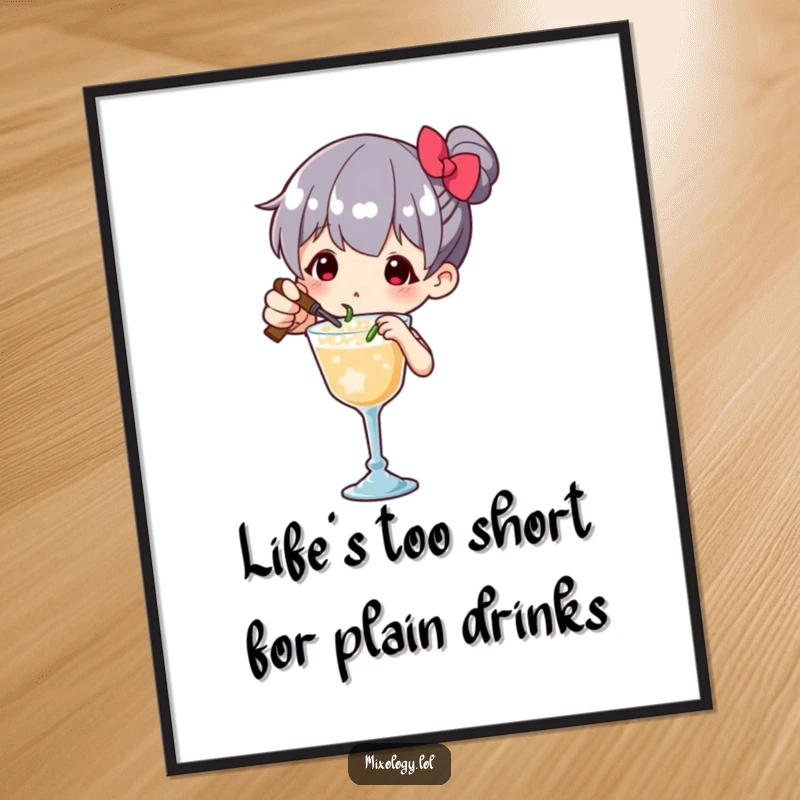 Funny Free Printable Wall Art of a character meticulously garnishing a drink with a tiny, flourish-filled movement, a true artist.