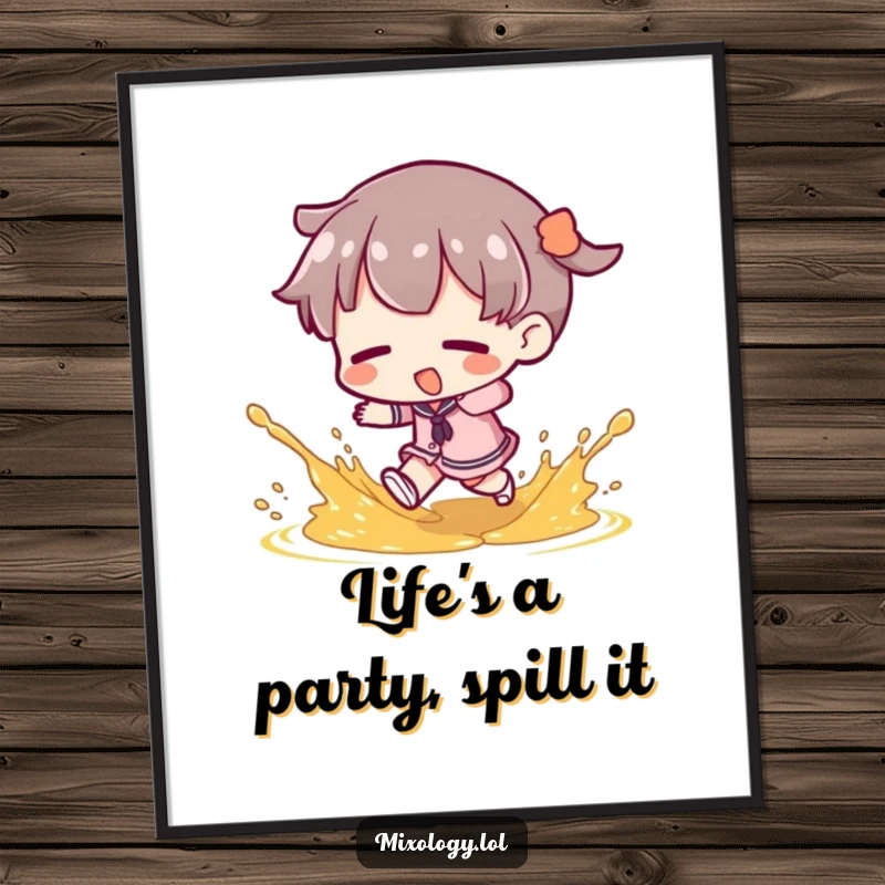 Funny free printable wall art showing a character in mid-trip, with a dramatic splash of garnish flying humorously.