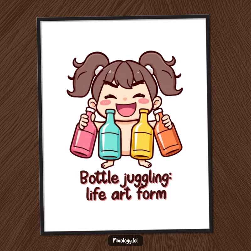 Funny Free Printable Wall Art: A joyful character with a mischievous grin expertly juggles three colorful bottles, full of energy.