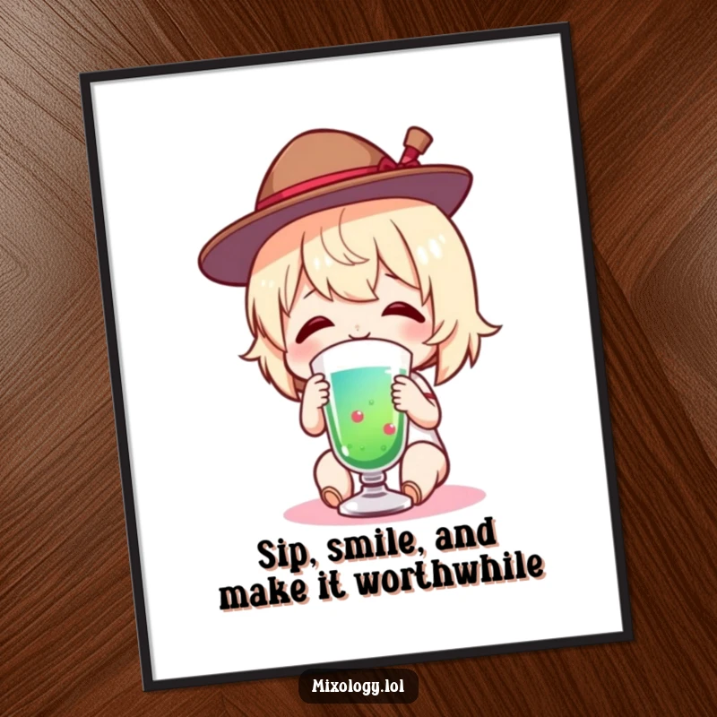 Funny Free Printable Wall Art of a charming figure in a tiny hat, smiling while savoring a colorful, festive drink.