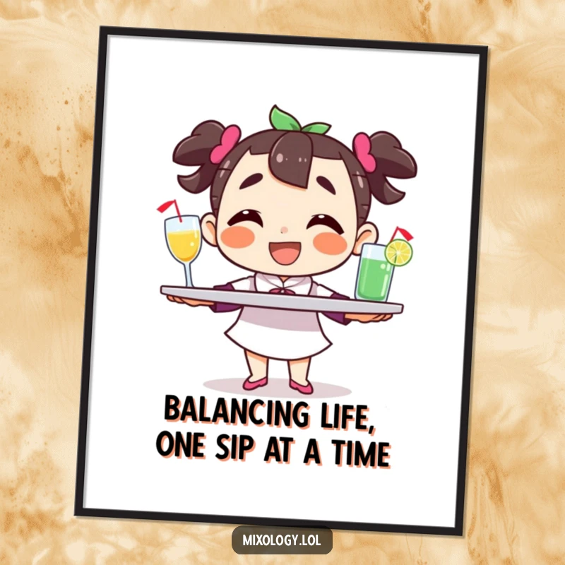 Funny Free Printable Wall Art: A happy character is balancing a tray of drinks with a big, infectious grin.