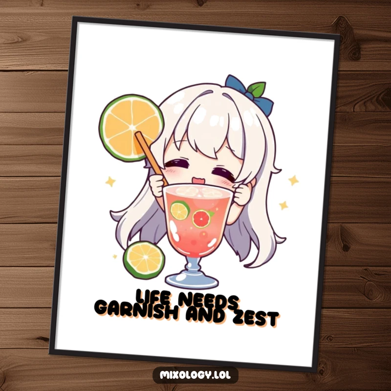 Funny Free Printable Wall Art: A joyful character is happily garnishing a drink with a colorful fruit slice.