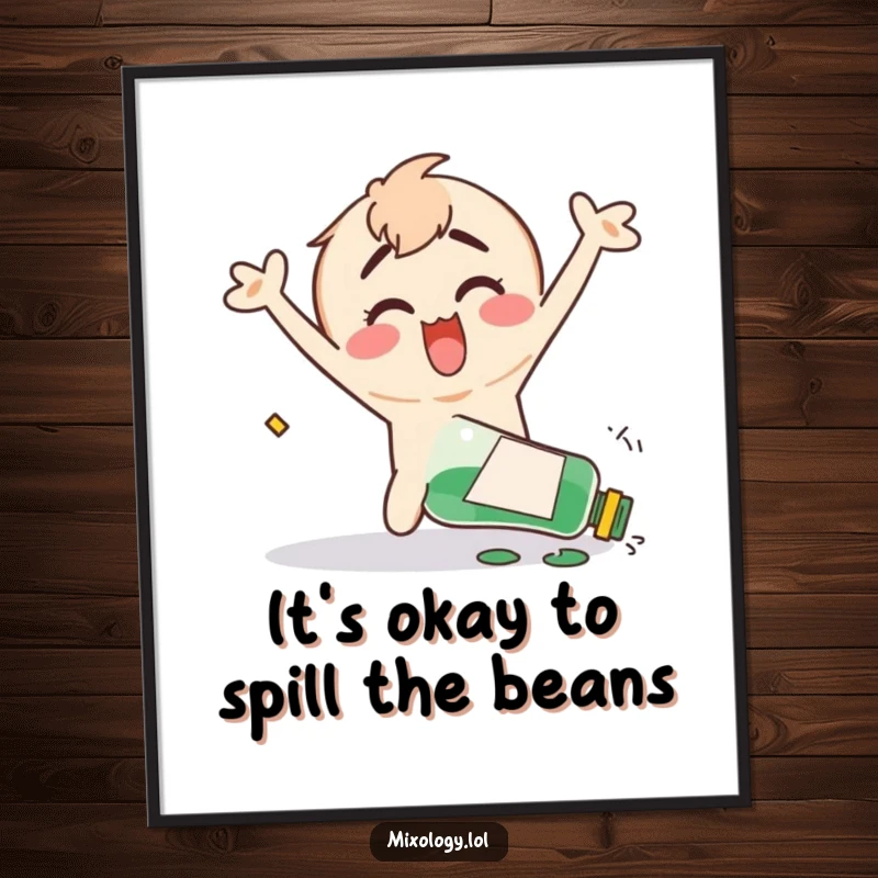 Funny Free Printable Wall Art: Clumsy character accidentally knocking over a bottle, arms flailing with pure, unadulterated happy chaos.