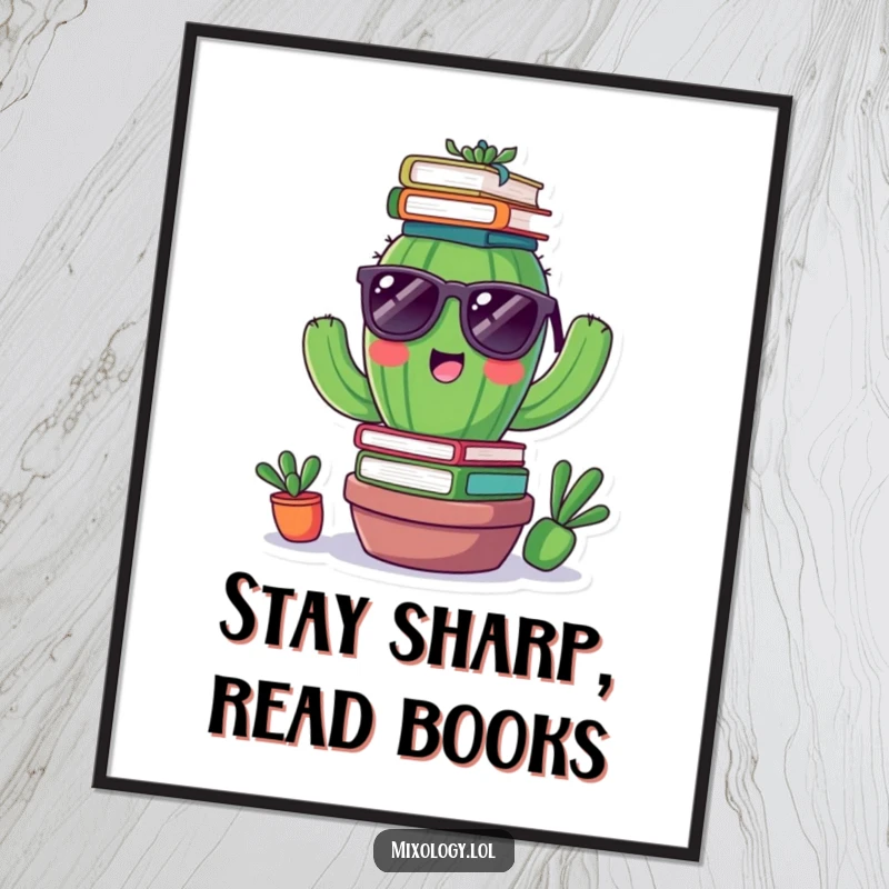 Funny Free Printable Wall Art: A cheerful cactus wearing tiny sunglasses attempts to balance a large stack of books on its head.