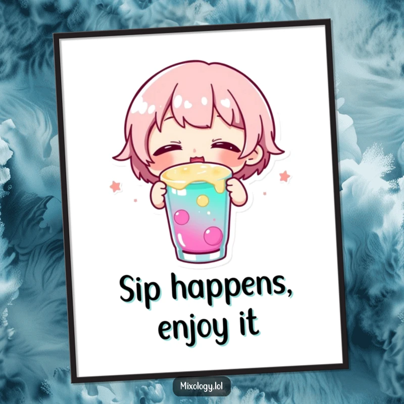 Free Printable Wall Art: Small character excitedly sipping a colorful drink with eyes closed, embodying pure happiness.