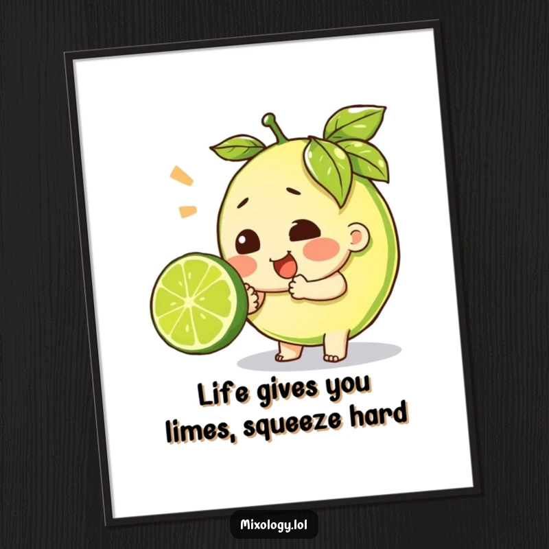 Funny Free Printable wall art of a character straining with immense effort to squeeze a single lime. Humorous downloadable decor.