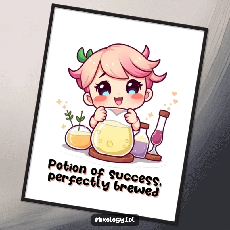 Funny Free Printable Wall Art: Character delighted as ingredients magically combine in a bubbling beaker, showcasing a successful and humorous experiment.