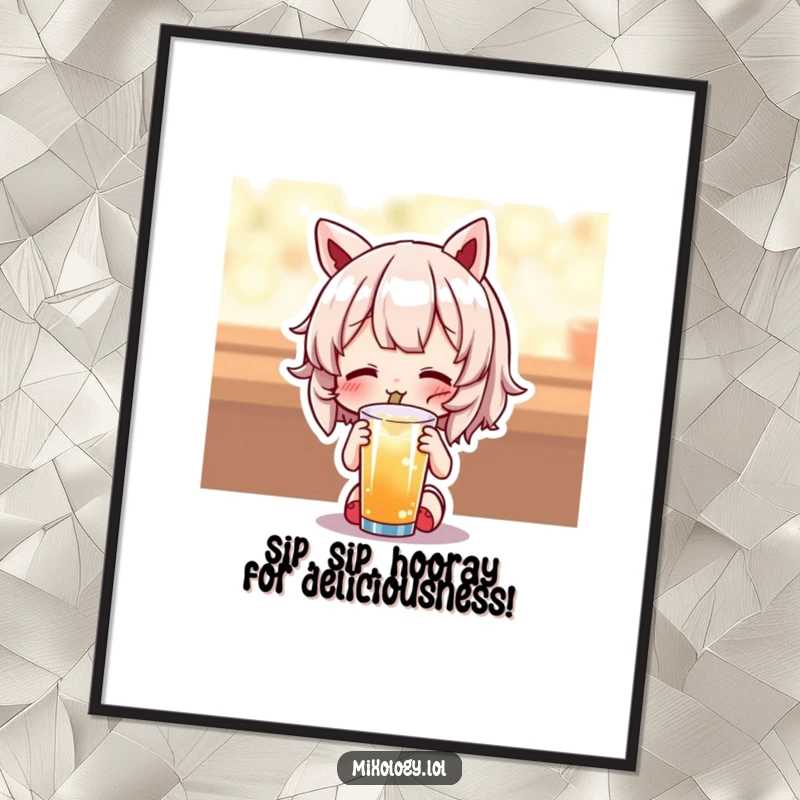 Funny Free Printable wall art of a cute character with eyes closed, tasting a drink with a look of pure bliss. Humorous downloadable decor.